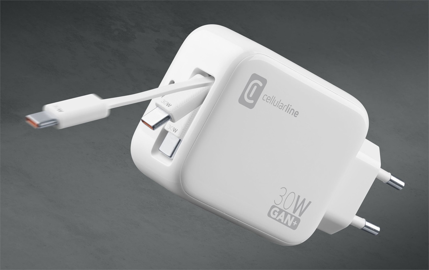 Cellularline Retractable Power 30W - Caricabatterie da rete con cavo retrattile USB-C da 90cm, Doppia Porta USB-C Power Delivery, Tecnologia GaN, Bianco