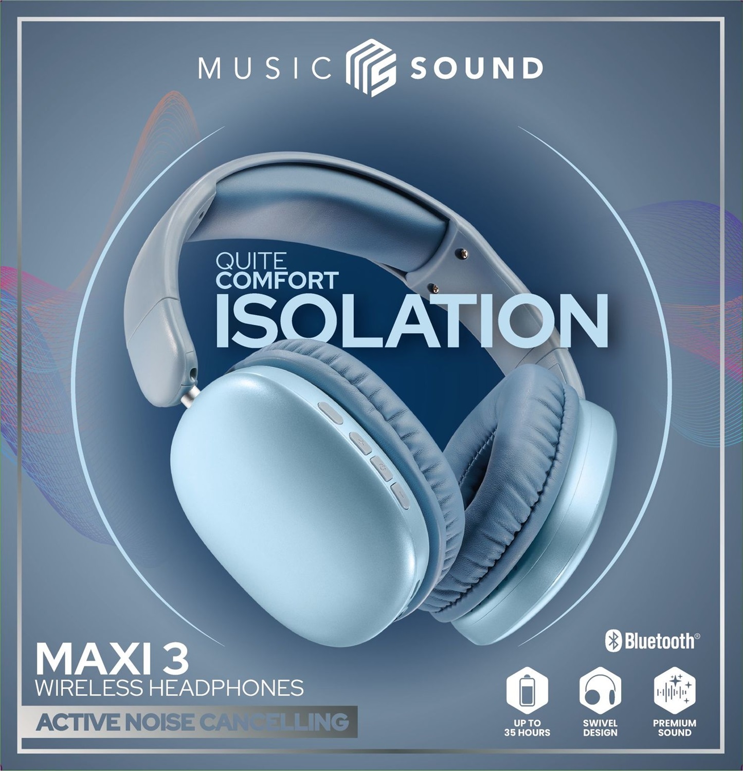 Music Sound MAXI3 Cuffie Wireless Over-ear con Cancellazione Attiva del Rumore, Audio Immersivo e Cristallino, Fino a 35 Ore di Autonomia, Ricarica USB-C, Blu