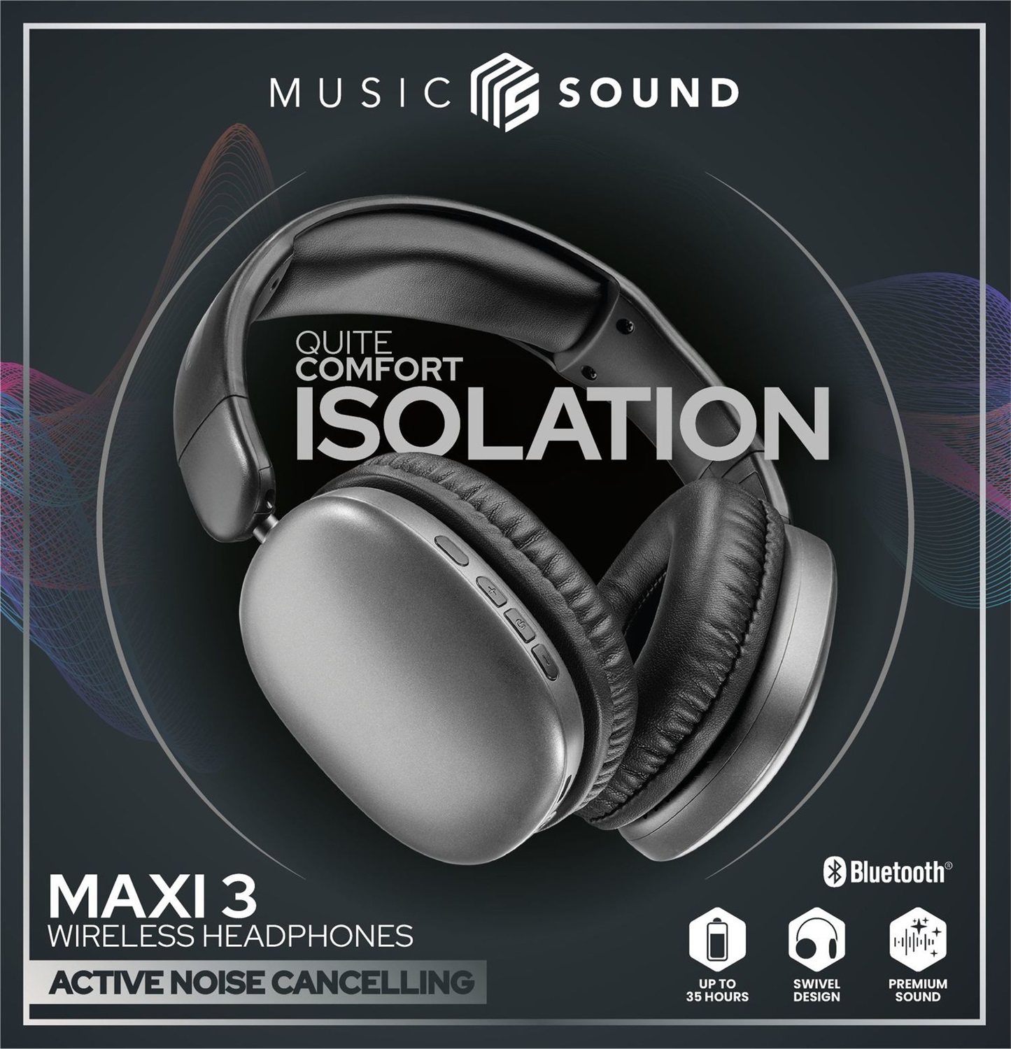 Music Sound MAXI3 Cuffie Wireless Over-ear con Cancellazione Attiva del Rumore, Audio Immersivo, Fino a 35h di Playtime, Ricarica USB-C, Nero