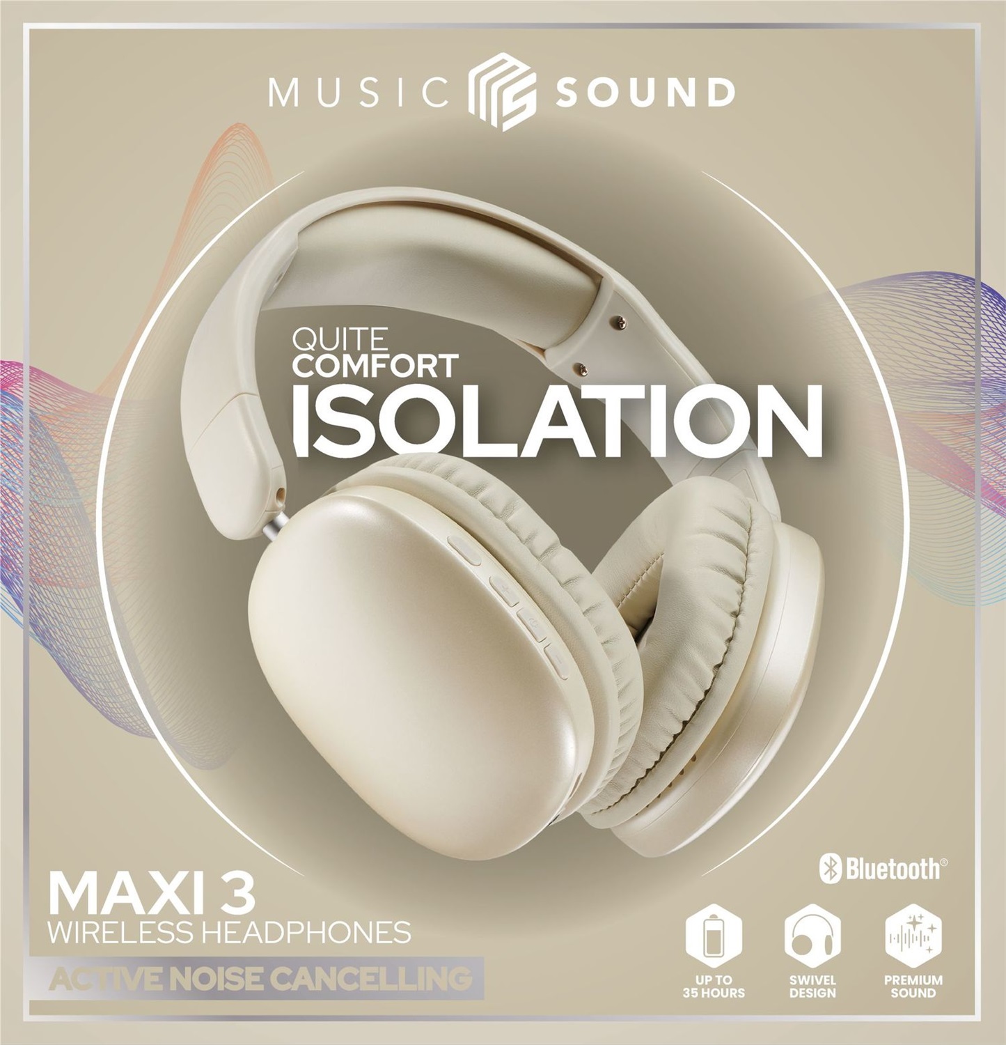Music Sound MAXI3 Cuffie Wireless Over-ear con Cancellazione Attiva del Rumore, Audio Immersivo, Fino a 35h di Playtime, Ricarica USB-C, Bianco