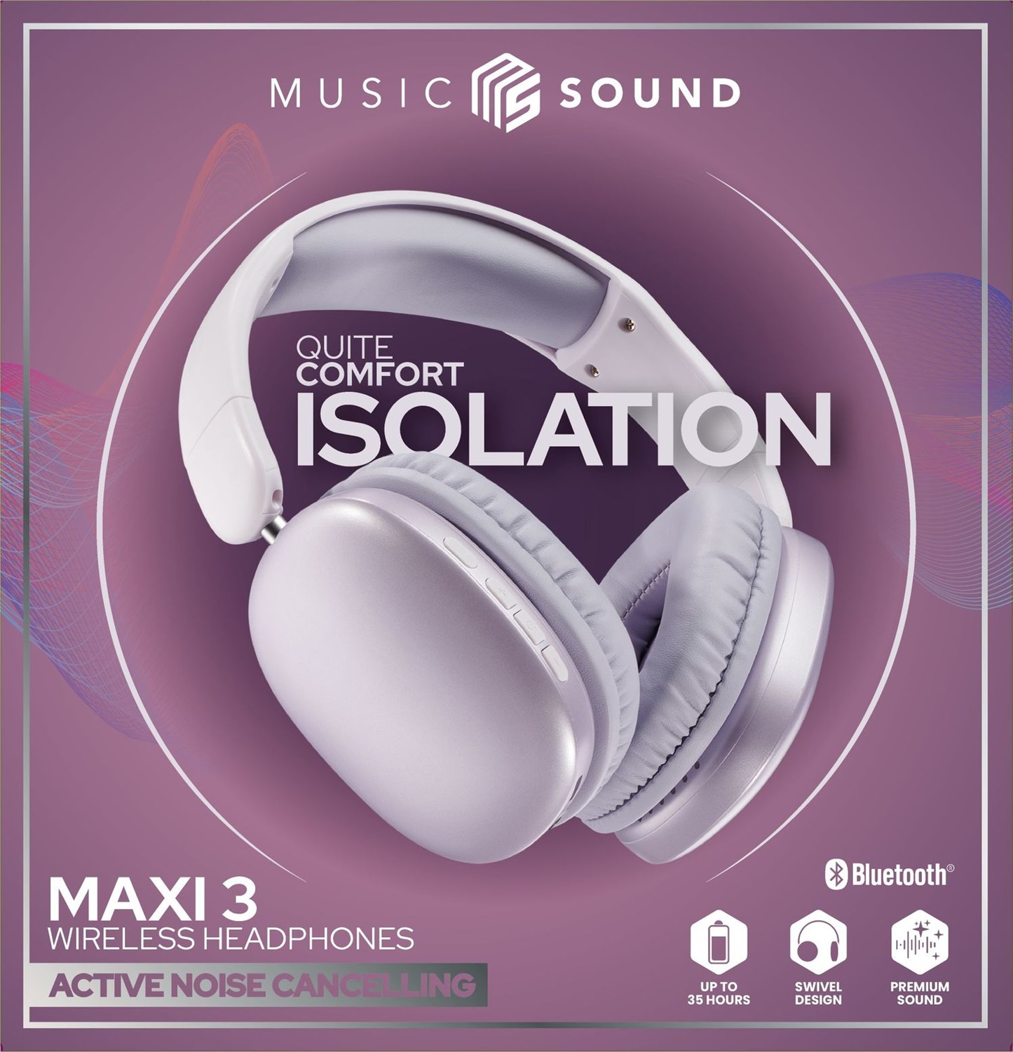 Music Sound MAXI3 Cuffie Wireless Over-ear con Cancellazione Attiva del Rumore, Audio Immersivo e Cristallino, Fino a 35 Ore di Autonomia, Compatibili con Tutti i Dispositivi, Ricarica USB-C, Viola