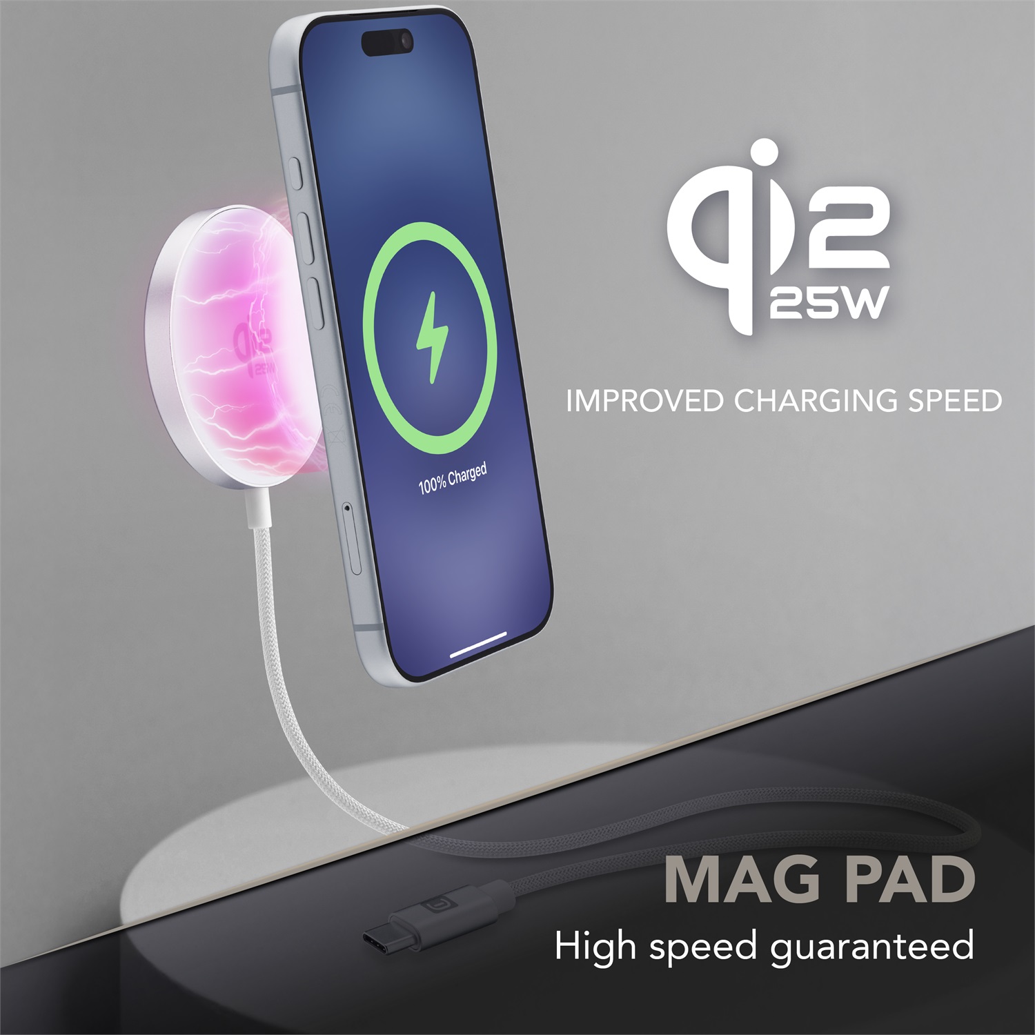 Cellularline MAG PAD Caricatore Wireless Magnetico 25W con Tecnologia Qi2, Compatibile con Smartphone e Cavo USB-C 100 cm incluso - Bianco