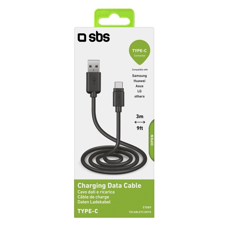 SBS Cavo Dati e Ricarica Type-C 3 Metri USB 2.0 - Nero, Funzione Ricarica e Trasferimento Dati