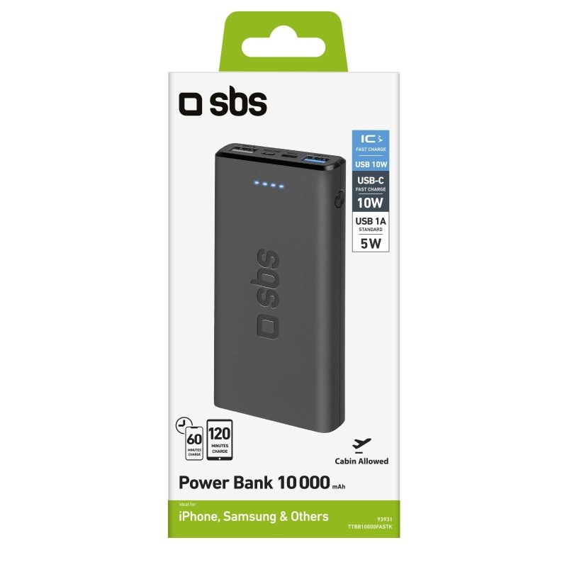 SBS Power Bank 10.000 mAh Extra Slim Nero - Due Porte USB con Ricarica Rapida 2.1A Intelligent Charge (IC)