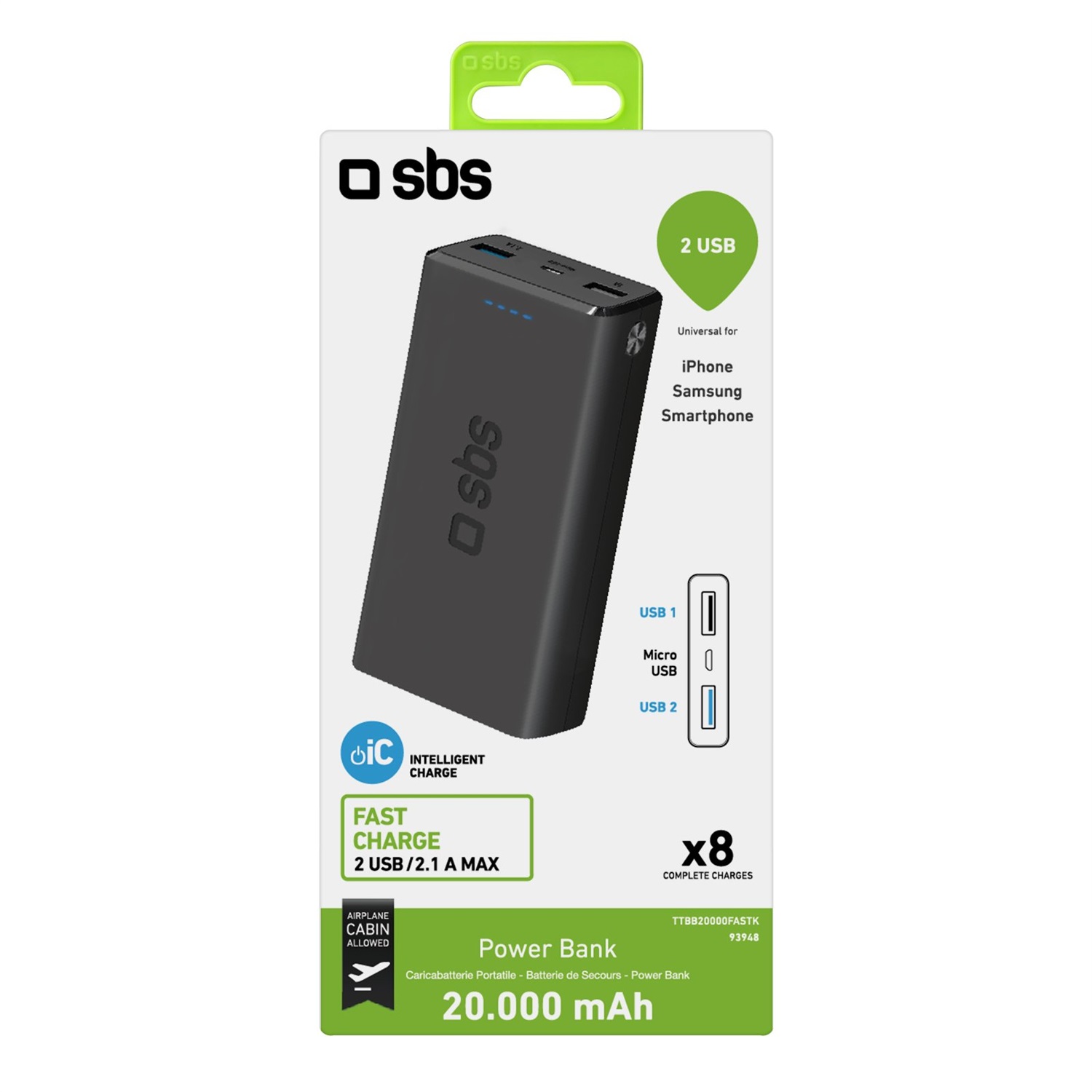 SBS PowerBank 20K SLIM 20.000 mAh - Ricarica Rapida, Intelligent Charge (IC), 1x USB-C, 2x USB-A, Design Slim, Nero