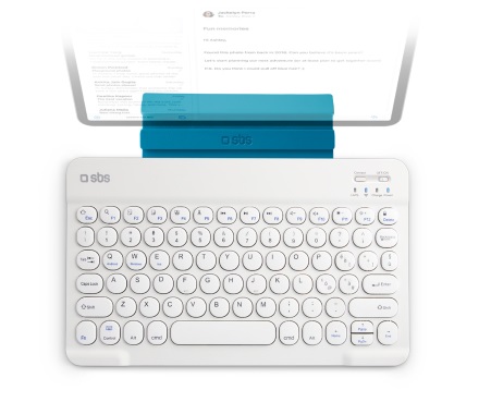 SBS Tastiera Wireless Universale Bianco con Stand Integrato, Layout QWERTY, Design Sottile e Ricaricabile per Tablet, Smartphone e Smart TV