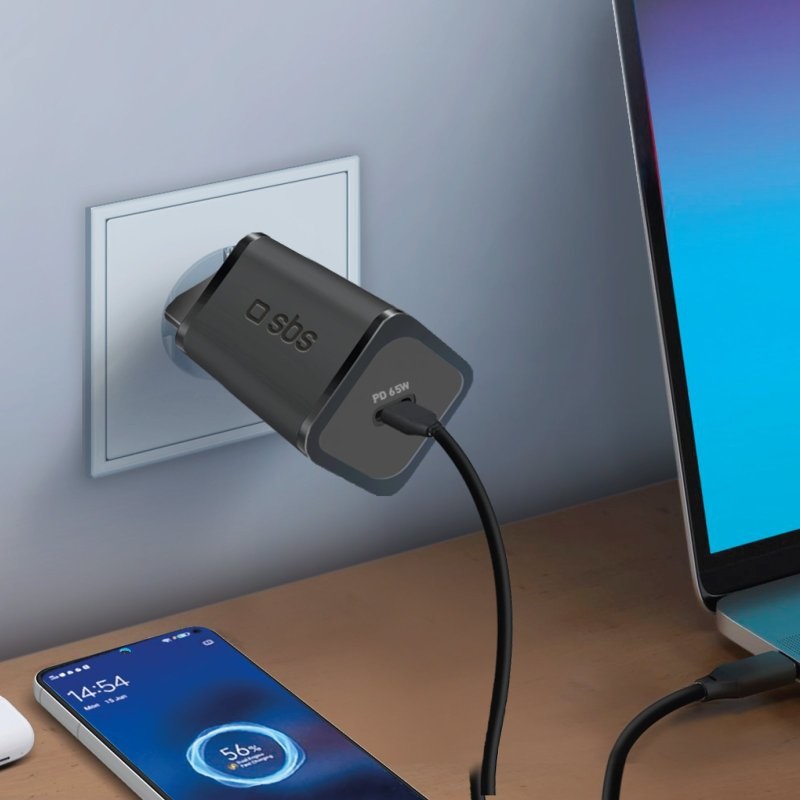 SBS TETRGAN1C65W - Alimentatore da rete USB-C 65W compatibile con smartphone, tablet e laptop - Nero