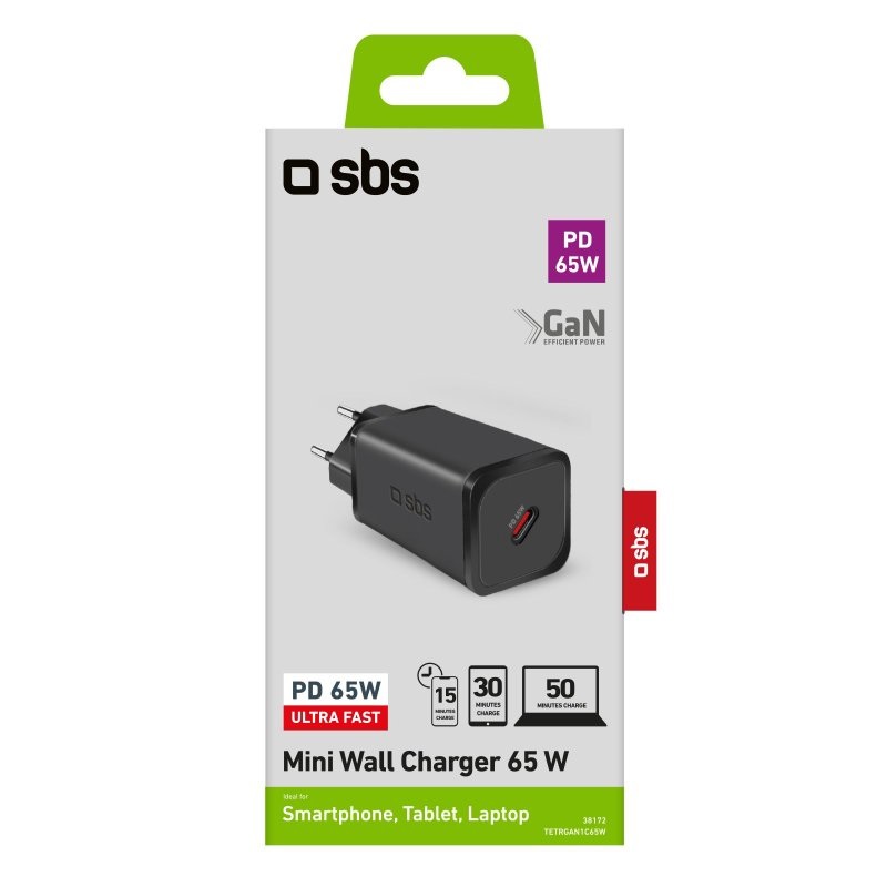 SBS TETRGAN1C65W - Alimentatore da rete USB-C 65W compatibile con smartphone, tablet e laptop - Nero