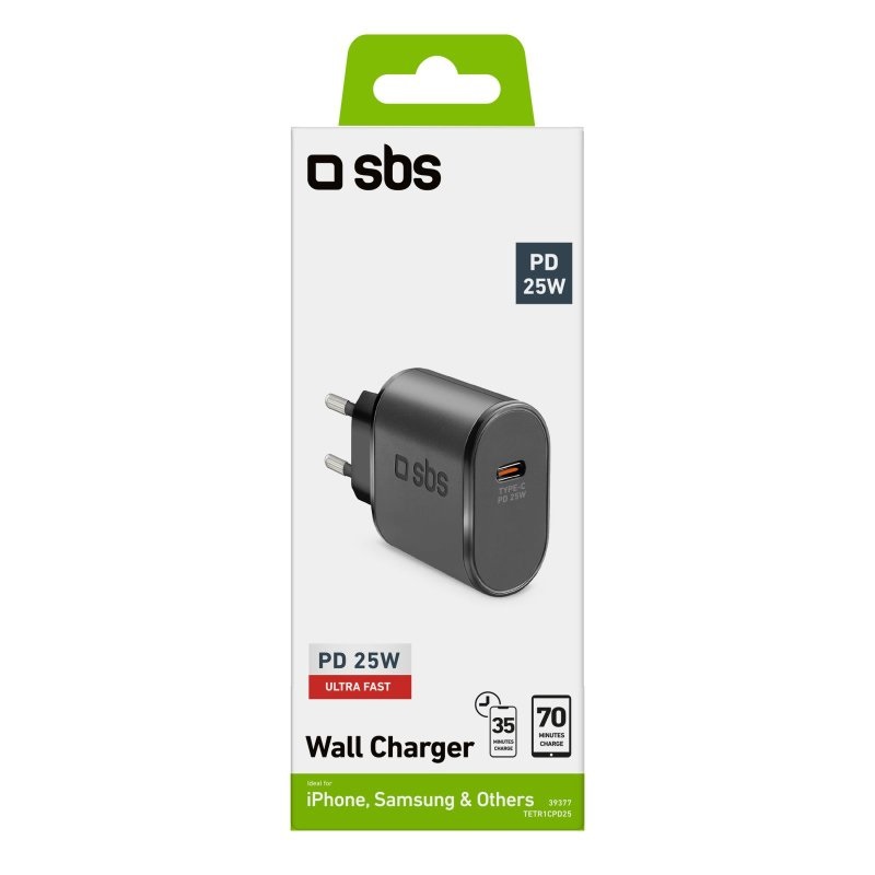 SBS TETR1CPD25 Caricabatterie da rete 25W USB-C Nero con Power Delivery e Ricarica Rapida per Smartphone e Tablet