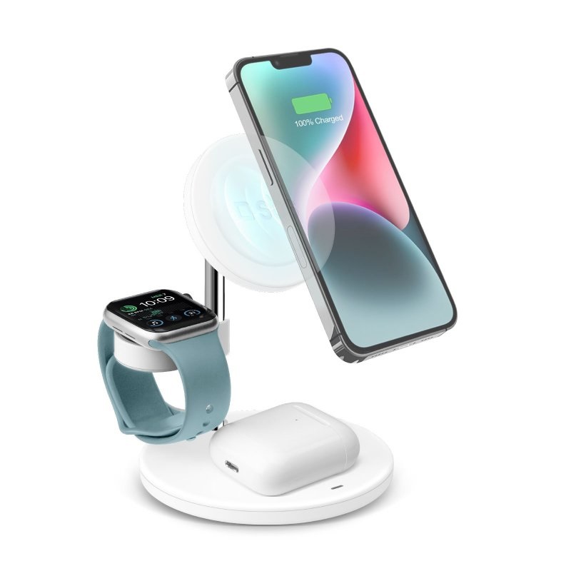 SBS Caricabatterie Wireless 3 in 1 da 15W Compatibile con MagSafe per iPhone, Android, Apple Watch e AirPods con Funzione Stand e Uscita USB-C