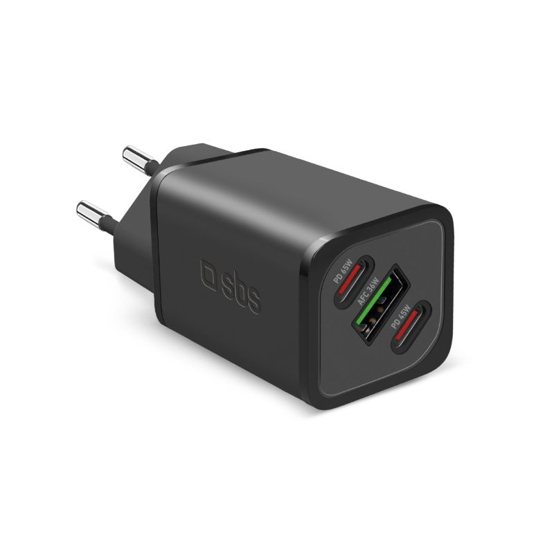 SBS TETRGANUSB2C65W Caricabatterie GaN 65W Universale AC Ricarica Rapida Nero con Power Delivery e Tripla Ricarica