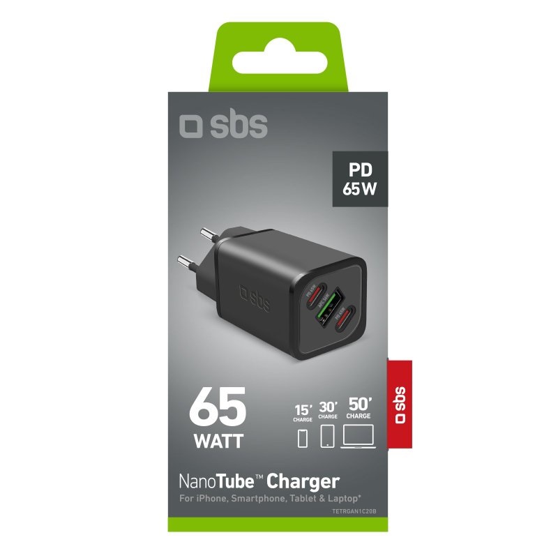 SBS TETRGANUSB2C65W Caricabatterie GaN 65W Universale AC Ricarica Rapida Nero con Power Delivery e Tripla Ricarica