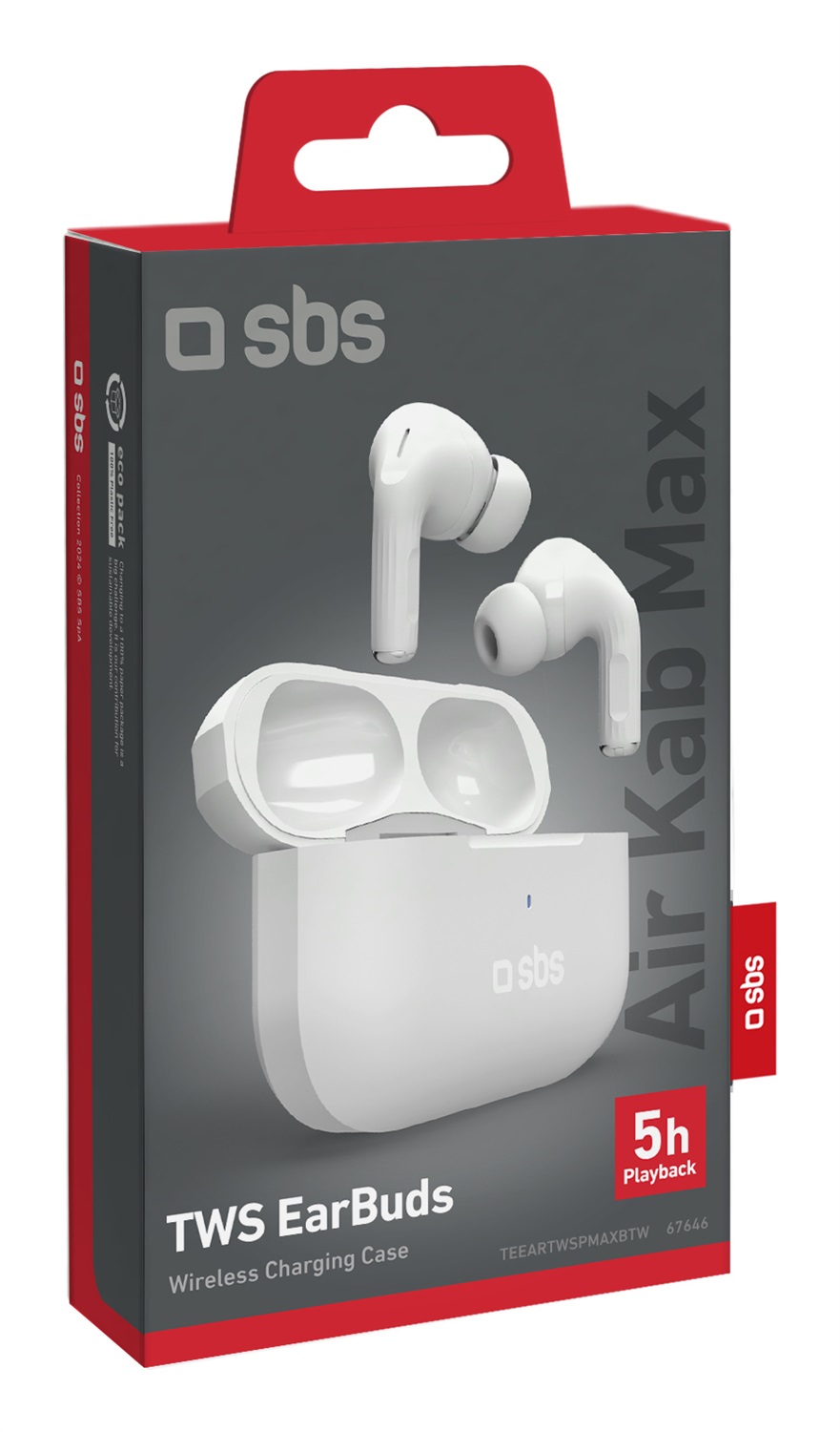 SBS Air Kab Max TWS - Cuffie Auricolari In-Ear True Wireless Stereo con Ricarica Wireless, Autonomia di 5 ore e Comandi Touch - Bianco