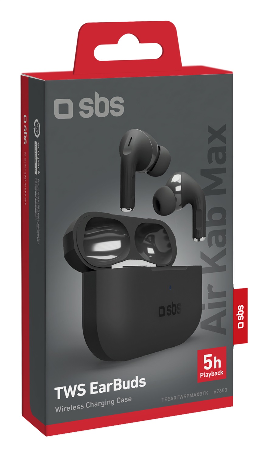 SBS Air Kab Max TWS - Cuffie Auricolari In-Ear True Wireless Stereo con Custodia Ricarica Wireless, Hall Switch, Dual Leader, Autonomia 5h, Comandi Touch - Nero