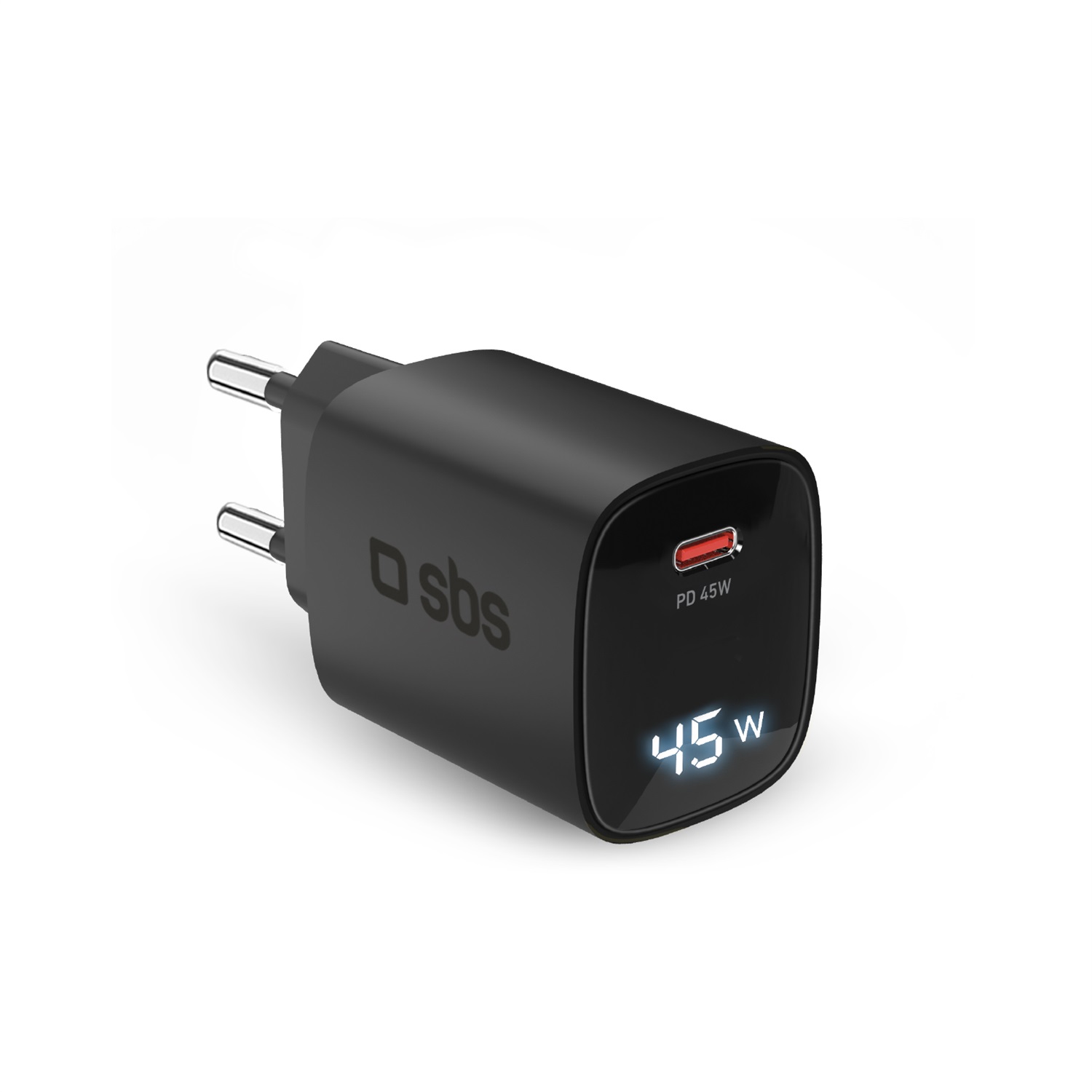 SBS Alimentatore LCD 45W USB-C con Tecnologia GaN e Power Delivery, Ricarica Rapida per iPhone, Android e Notebook - Nero