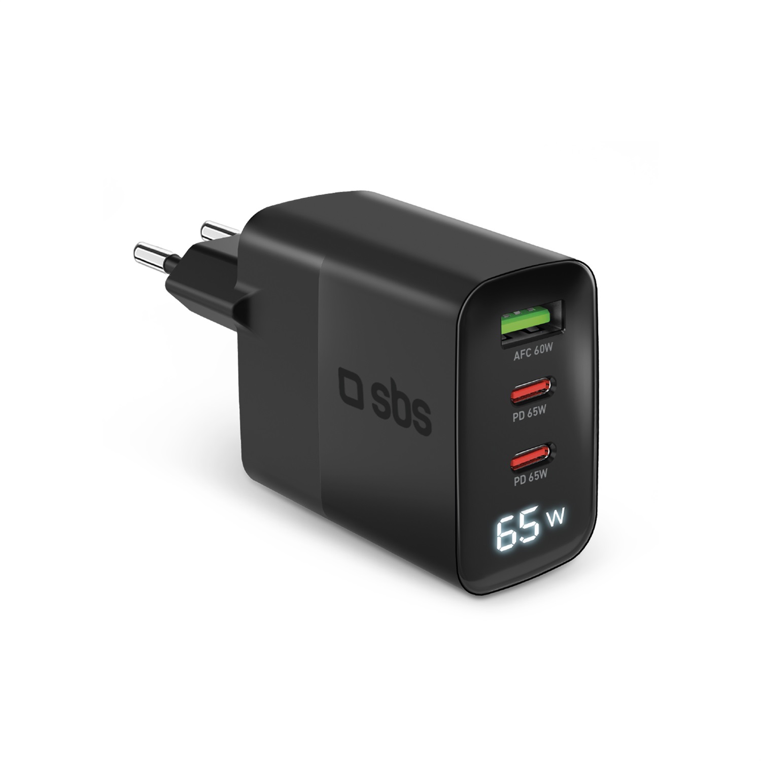 SBS Caricabatterie Universale 65W con Display LCD, Ricarica Rapida USB-C e USB-A, Tecnologia GaN, Nero