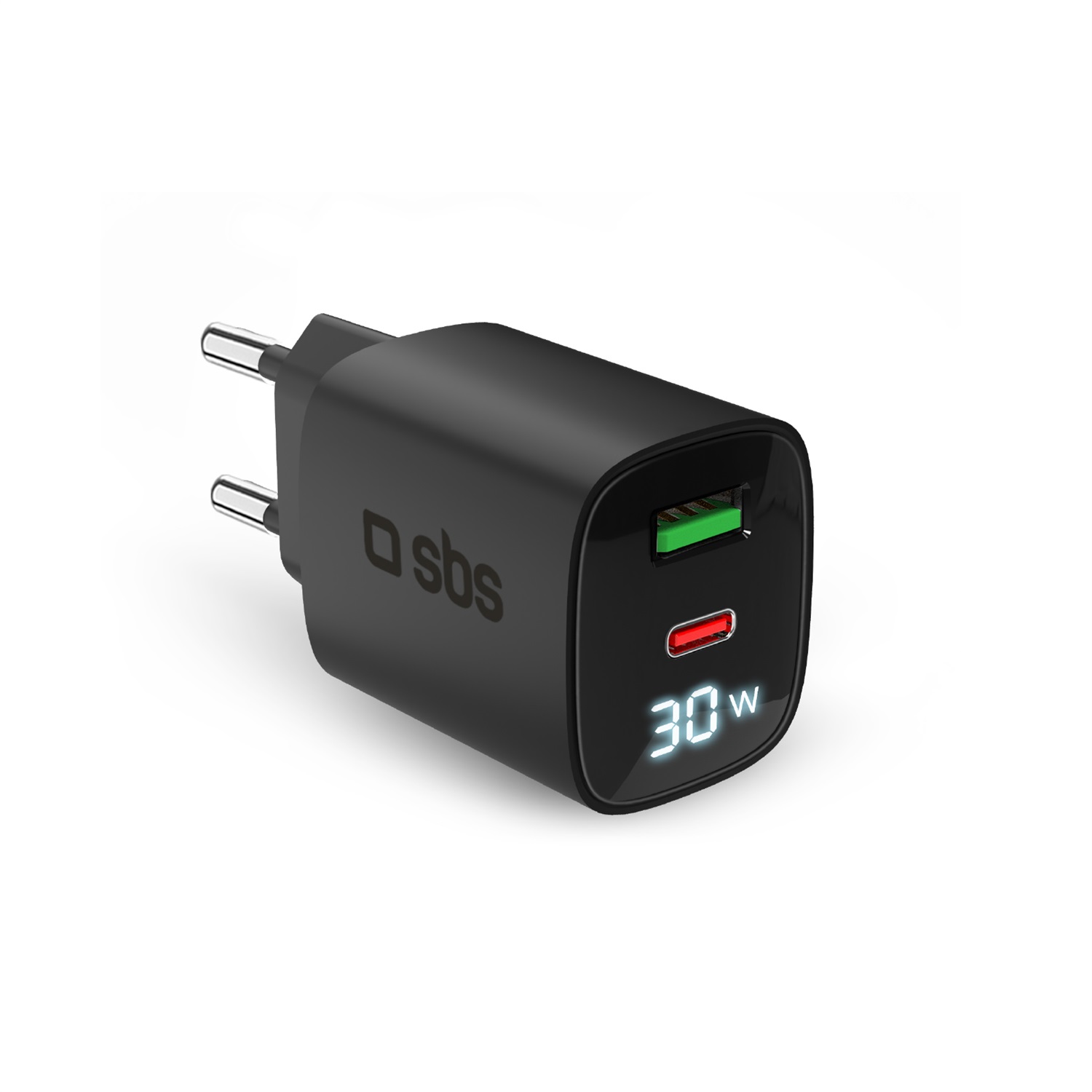 SBS Alimentatore LCD USB-C 30W GaN con Power Delivery e Ricarica Rapida - Compatibile con iPhone, iPad, MacBook Air, Samsung e altri dispositivi - Nero