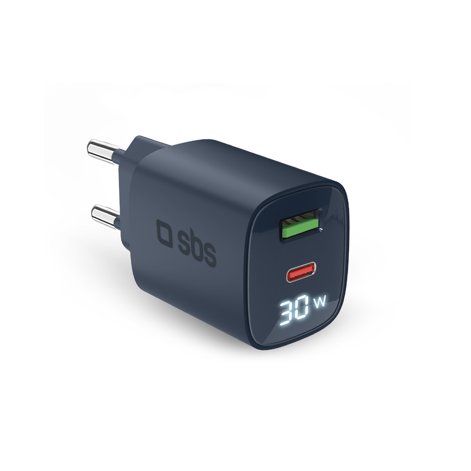 SBS Caricabatterie Multiporta 30W con Display LCD, 1 Porta USB-C e 1 Porta USB-A, Ricarica Rapida Power Delivery, Compatibile con Smartphone e Tablet