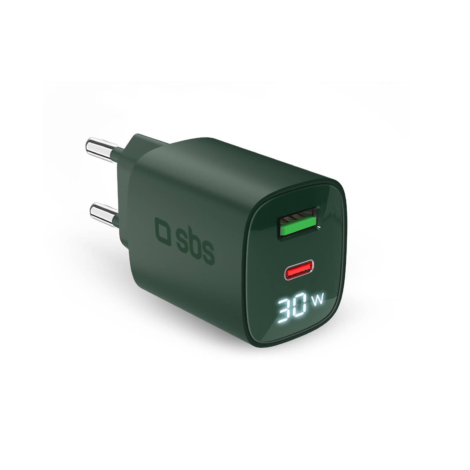 SBS Caricabatterie da Parete 30W con LCD, 1 Porta USB-C e 1 USB-A, Power Delivery, Verde - Ideale per Smartphone, iPhone, Tablet e MacBook