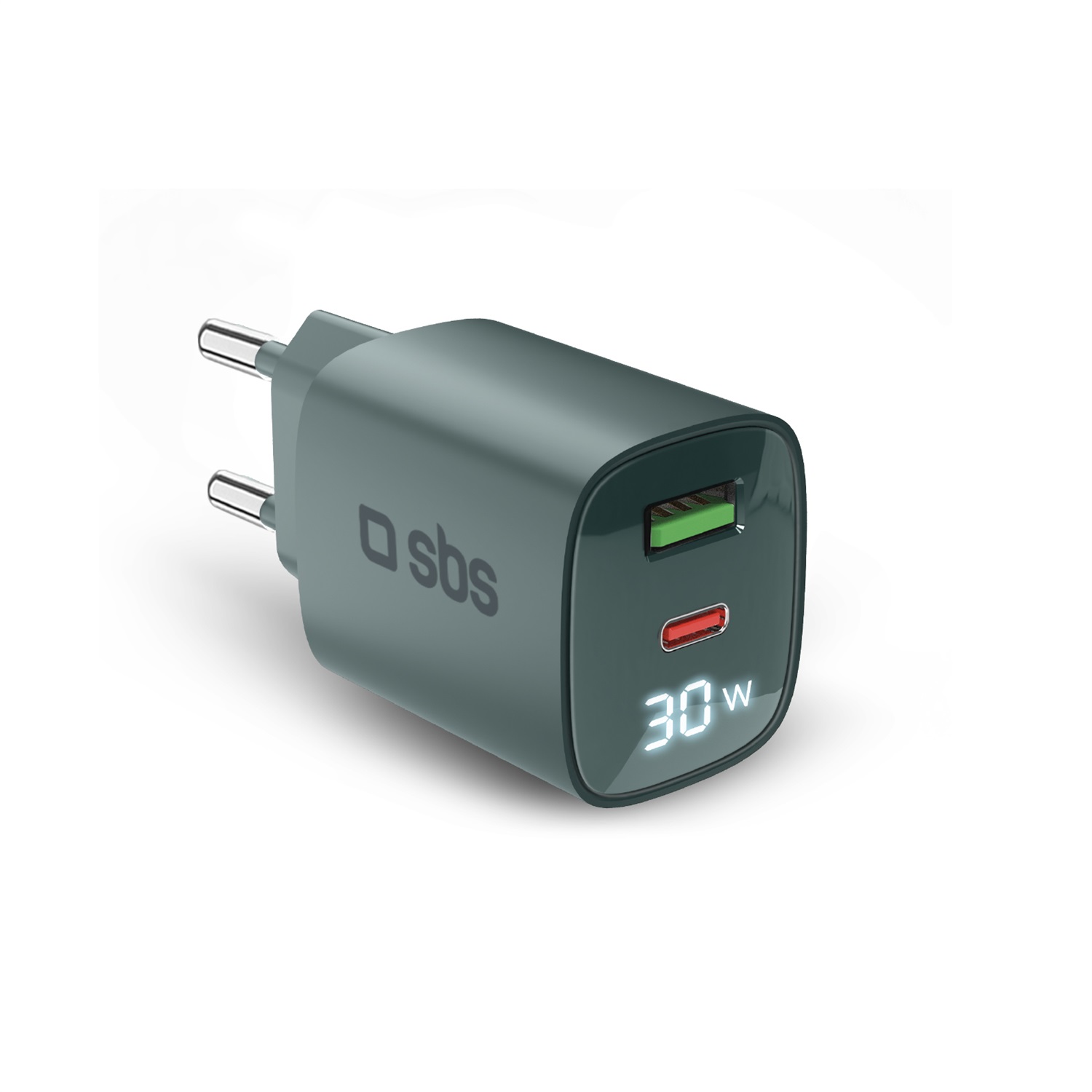 SBS Caricabatterie Multiporta 30W con LCD, 1 Porta USB-C e 1 USB-A, Ricarica Rapida Power Delivery per Smartphone, Tablet e MacBook - Presa Europea