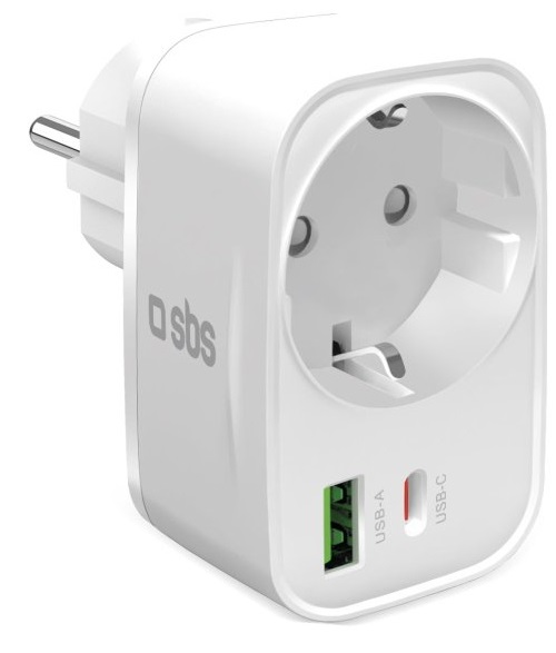 SBS TETRPLUG1USB1CPD20 Caricabatterie Universale 20W USB-C e USB-A con Power Delivery, Ricarica Rapida, Presa Schuko Passante, Bianco