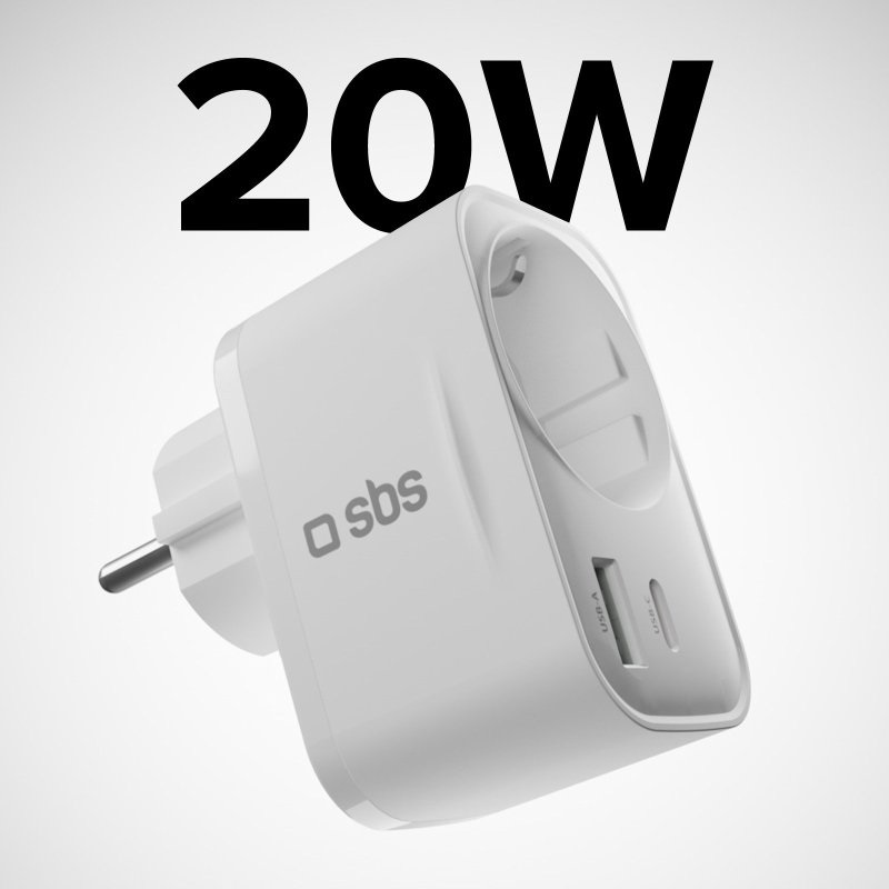 SBS TETRPLUG1USB1CPD20 Caricabatterie Universale 20W USB-C e USB-A con Power Delivery, Ricarica Rapida, Presa Schuko Passante, Bianco
