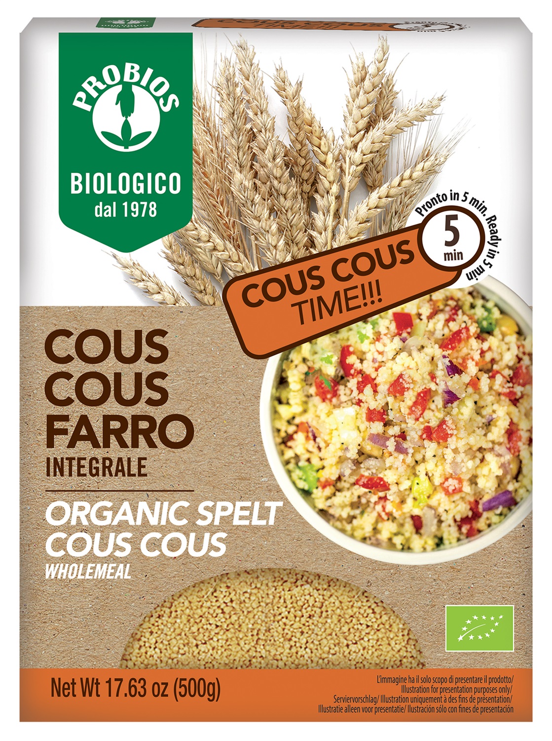 Probios Cous Cous Integrale di Farro 500 g - Prodotto Biologico, Precotto ed Essiccato