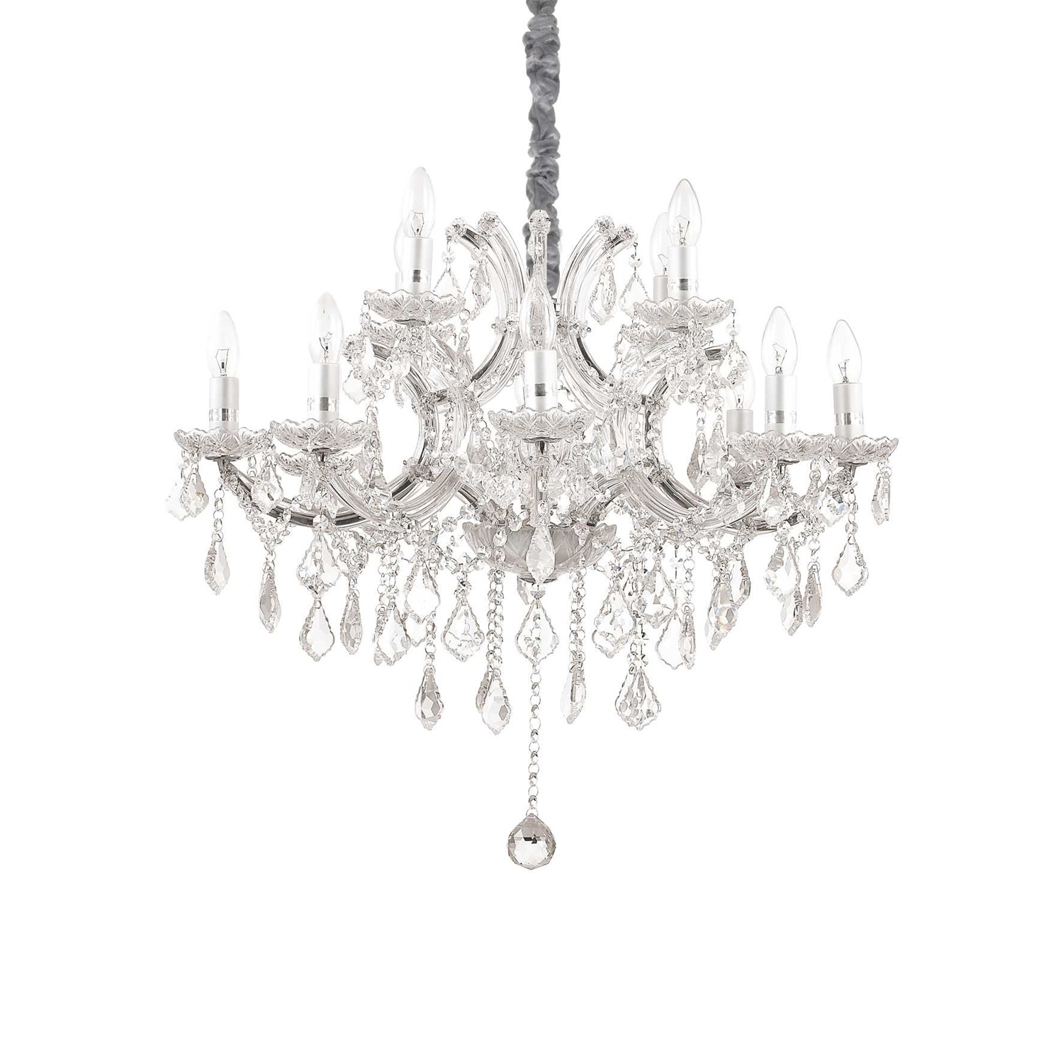 Ideal Lux Napoleon SP12 CROMO Lampada a Sospensione 12 Luci in Metallo Cromato con Elementi in Vetro Soffiato e Cristallo Molato