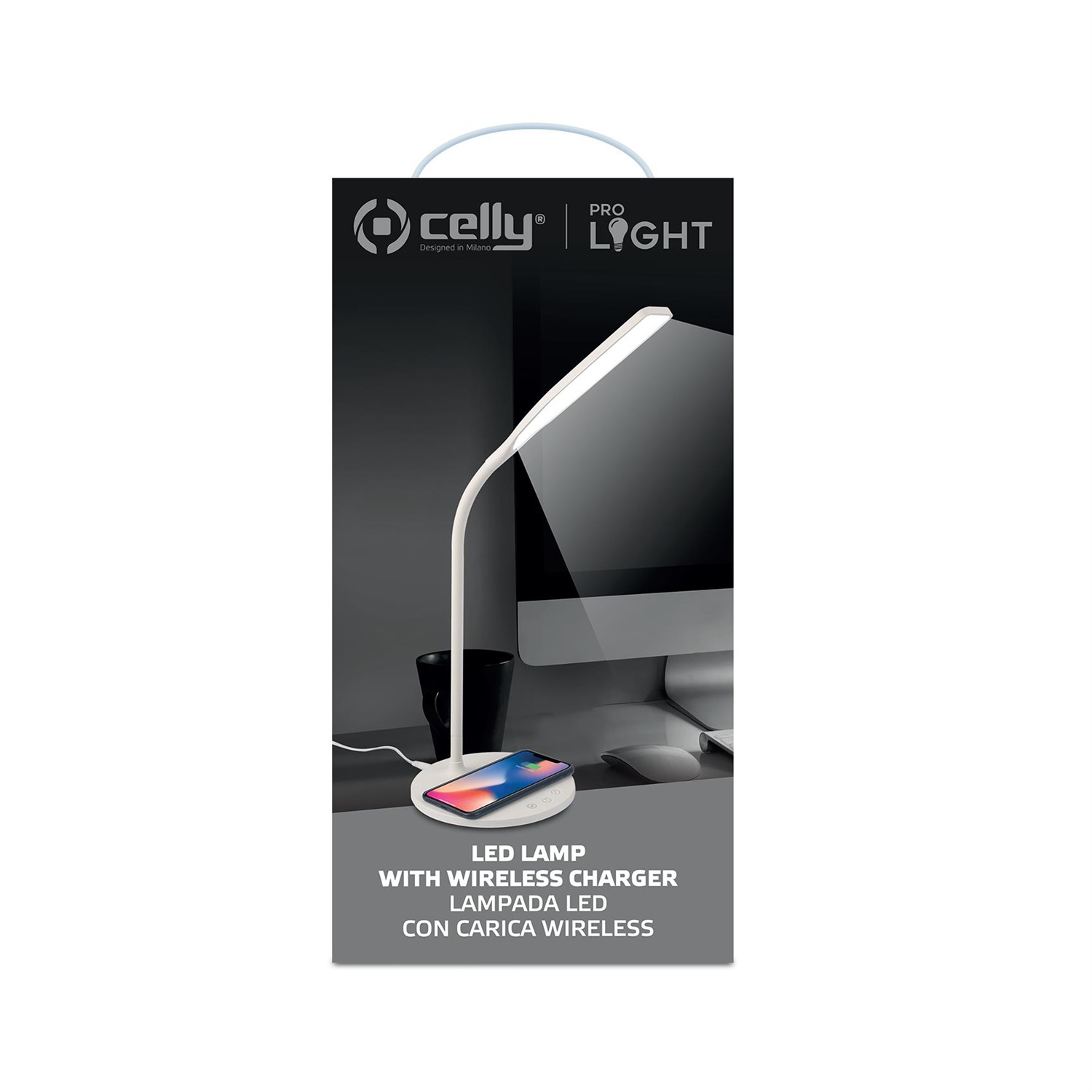 Celly Lampada LED Wireless Charger 10W - Elegante, Ricarica Smartphone, 3 Livelli di Luce