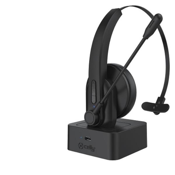 Celly SWHEADSETMONO Auricolare Wireless Mono per Ufficio e Smartworking con Base di Ricarica - Nero