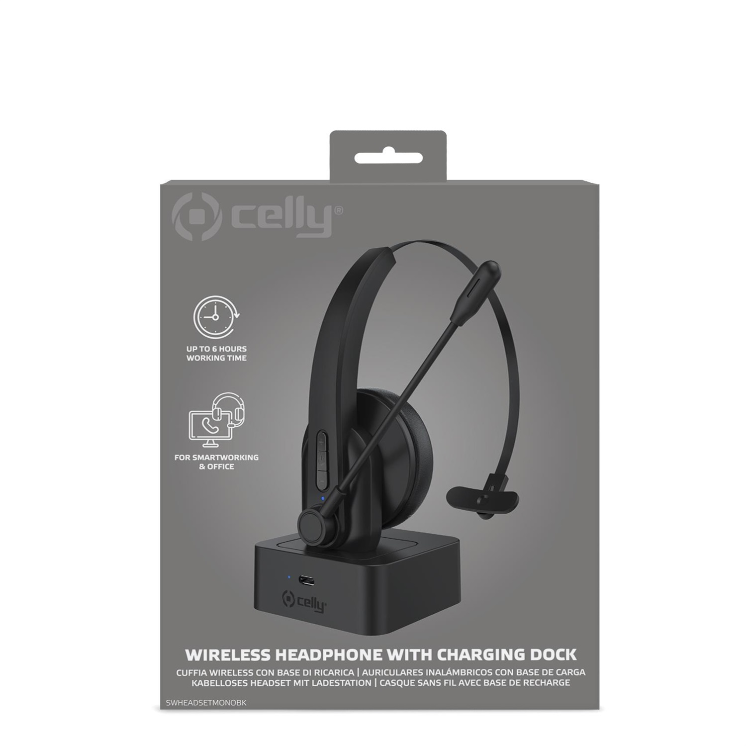 Celly SWHEADSETMONO Auricolare Wireless Mono per Ufficio e Smartworking con Base di Ricarica - Nero