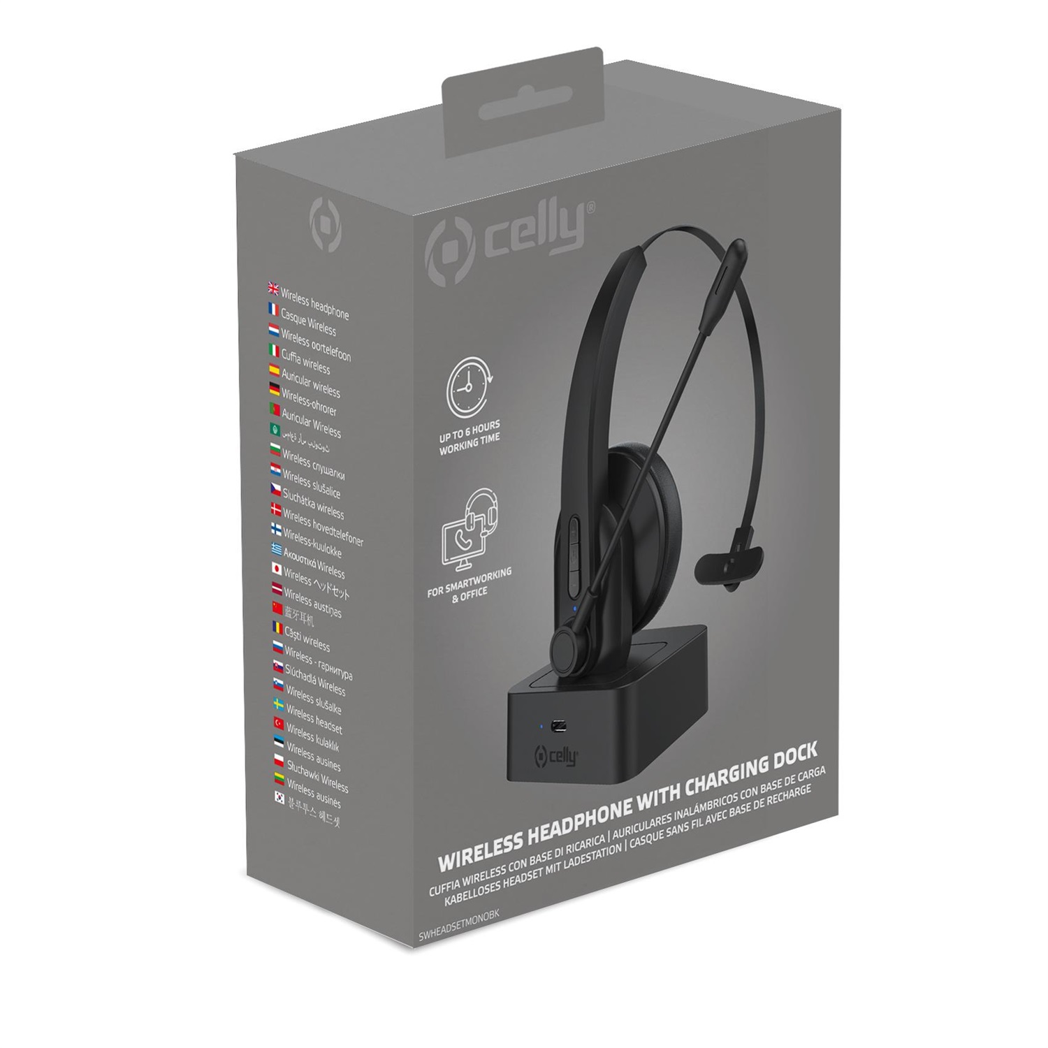 Celly SWHEADSETMONO Auricolare Wireless Mono per Ufficio e Smartworking con Base di Ricarica - Nero
