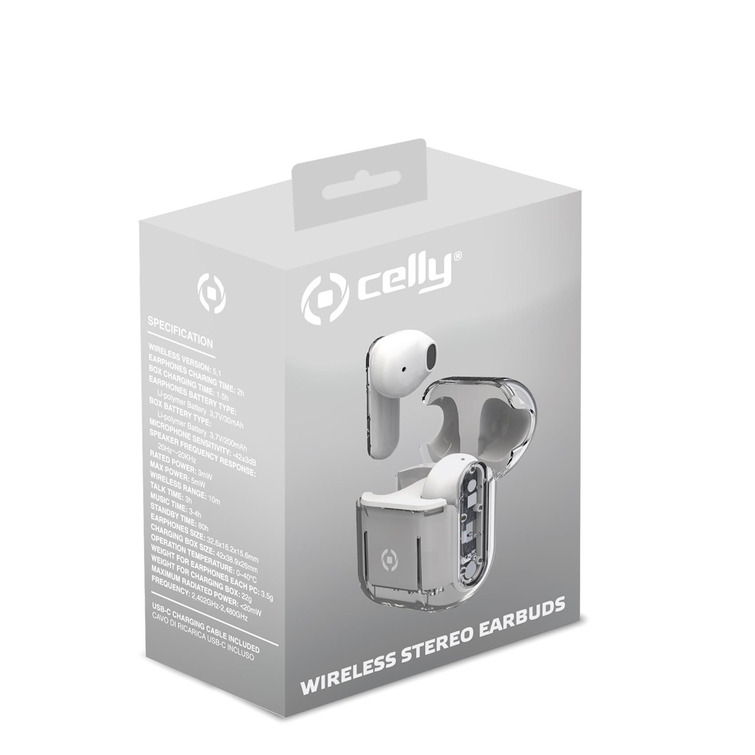 Celly SHEER Auricolari True Wireless Stereo (TWS) In-ear con Custodia Trasparente, Musica e Chiamate, Ricarica Veloce, Bianco