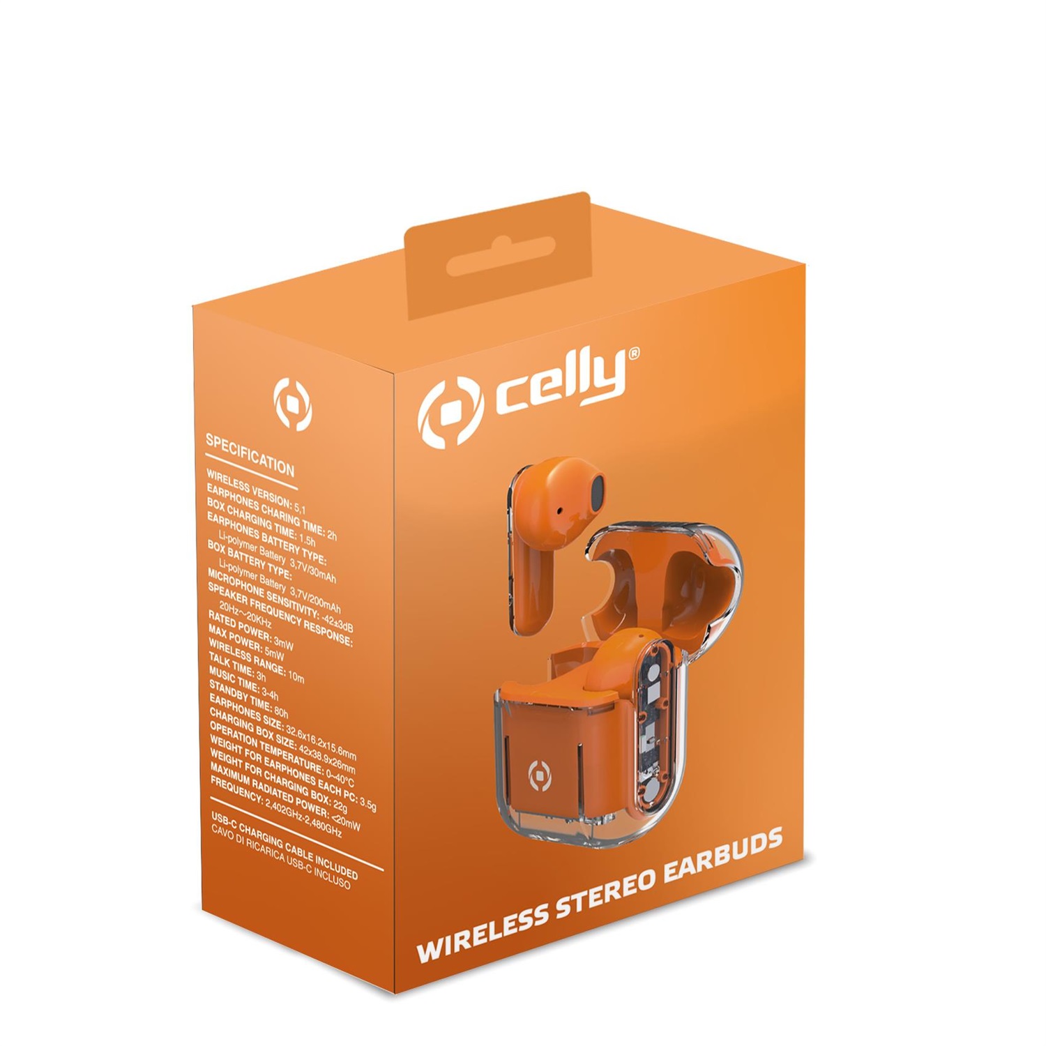 Celly SHEER Auricolari True Wireless Stereo (TWS) In-ear Arancione e Trasparente con Custodia, Ricarica Veloce, Microfono Integrato