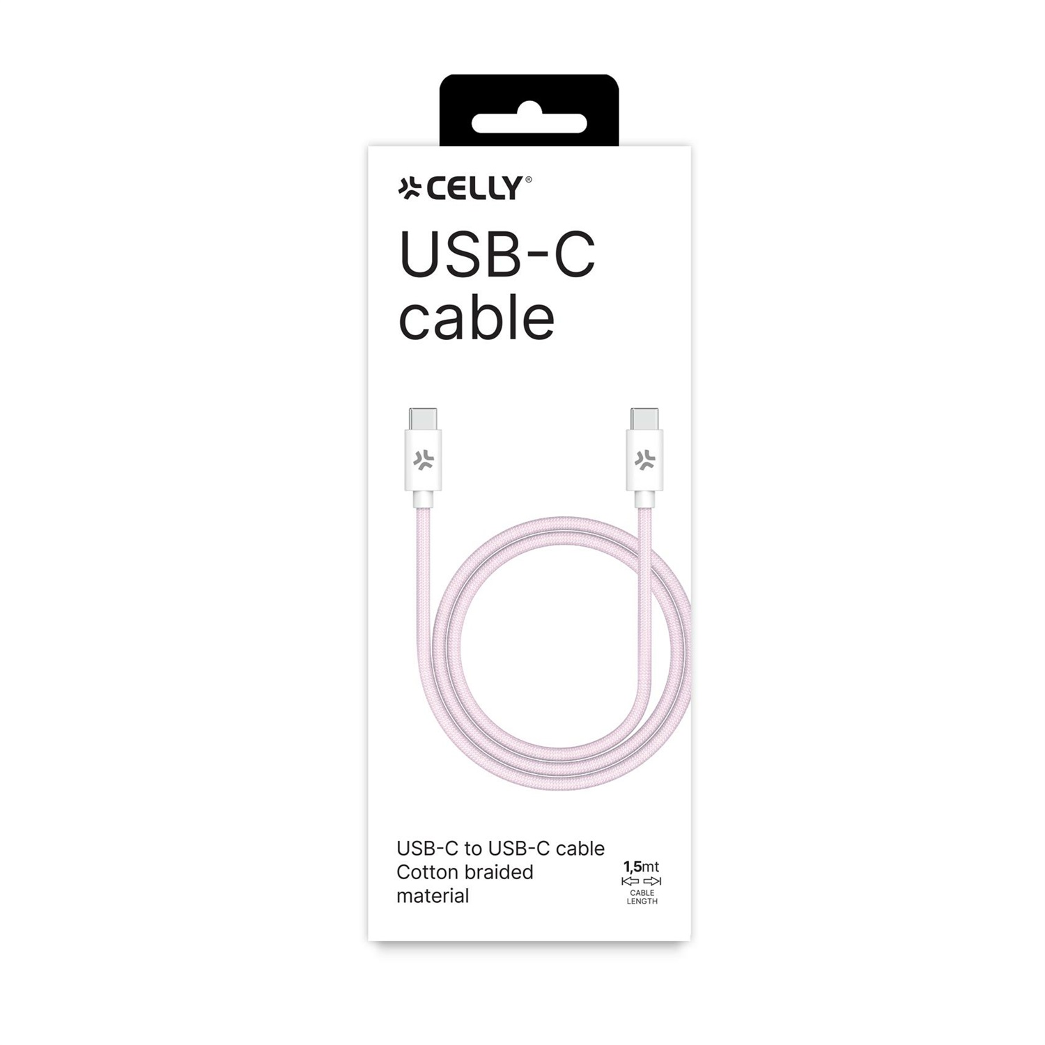 Celly Cavo USB-C a USB-C 1,5 m in Tessuto Intrecciato Rosa, Ricarica Rapida fino a 60W