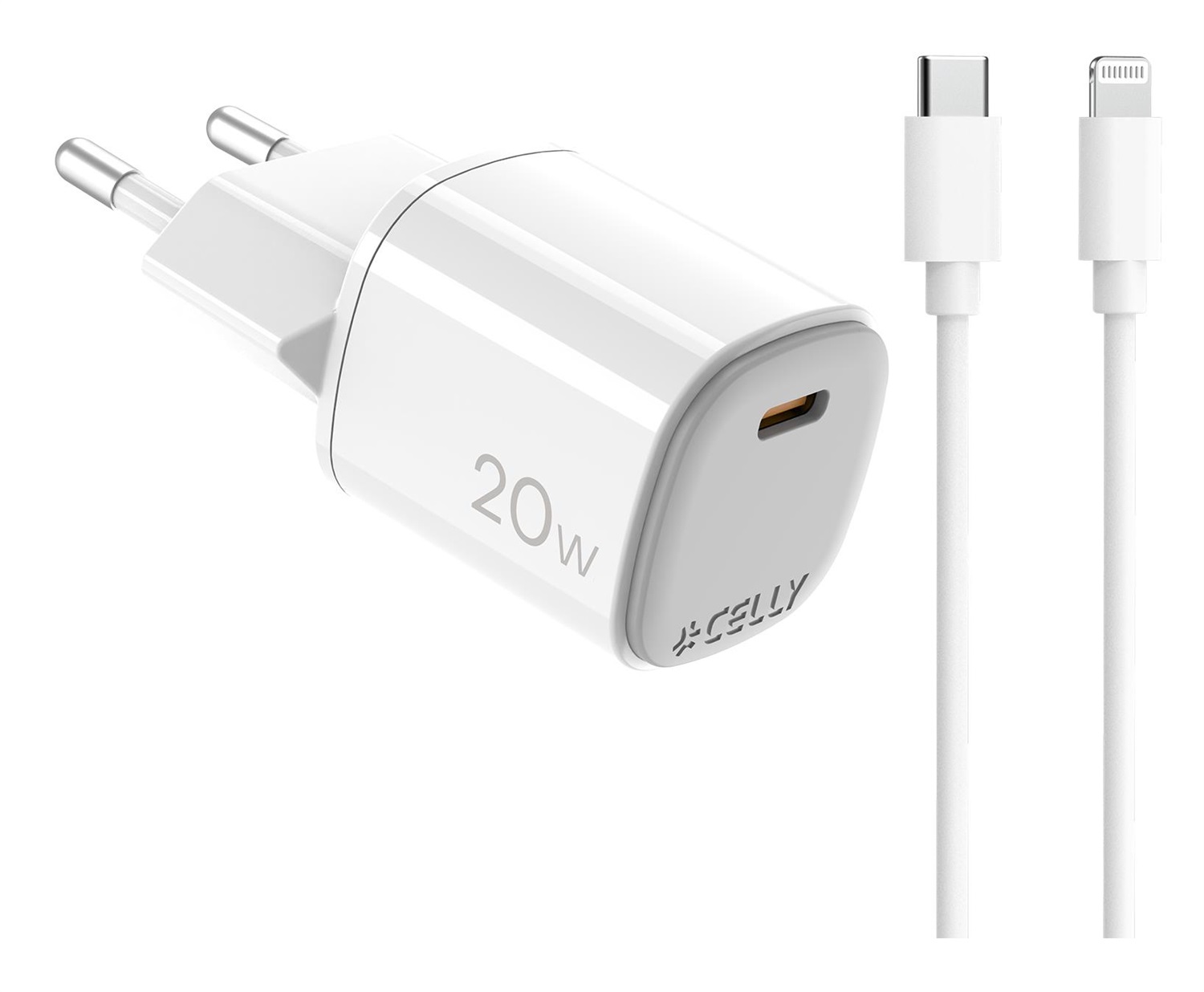 Celly UPTC1USBC20WCTL Caricabatterie da Muro 20W con Cavo USB-C a Lightning Incluso - Tecnologia GaN, Ricarica Veloce e Sicura, Bianco