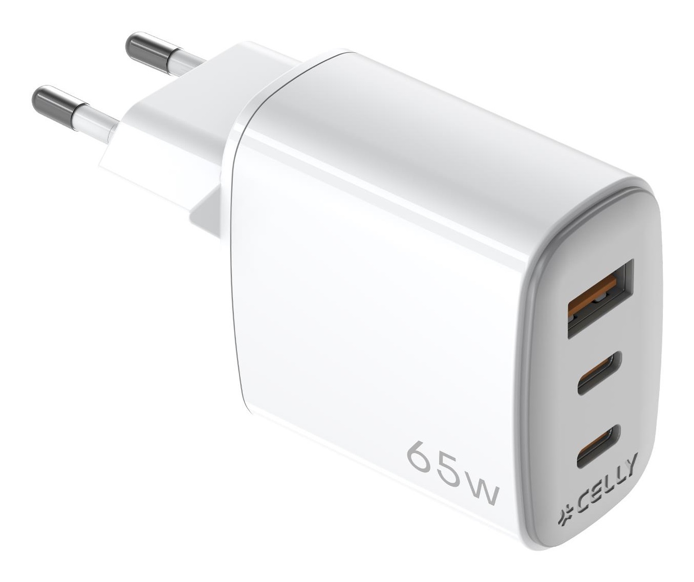Celly UPTC1USB2USBC65 Caricabatterie da Muro 65W con 2 Porte USB-C e 1 USB-A, Compatto e Potente, Bianco