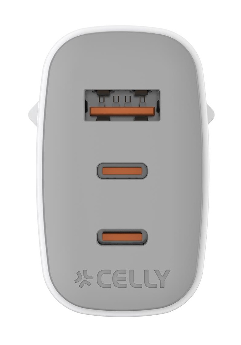 Celly UPTC1USB2USBC65 Caricabatterie da Muro 65W con 2 Porte USB-C e 1 USB-A, Compatto e Potente, Bianco