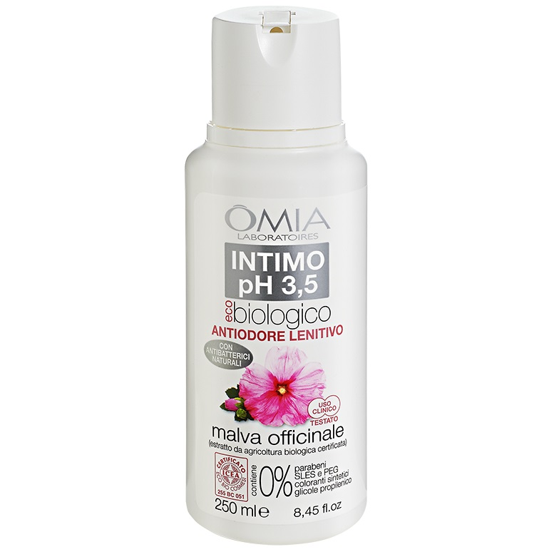 Omia Detergente Intimo Ecobiologico pH 3.5 con Malva Officinale - 250 ml, Azione Antiodore, Idratante e Rinfrescante, Dermatologicamente Testato, Nichel Free