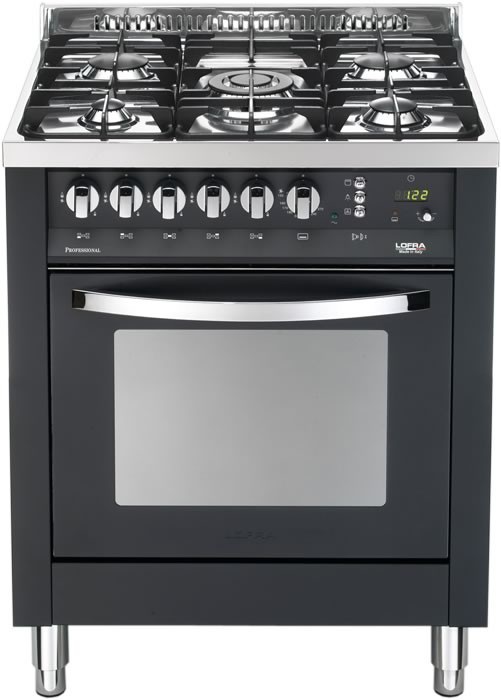 Lofra PNM76GVT/C Cucina Gas 5 Fornelli con Forno Elettrico e Gas, 70 cm, Nero, Acciaio Inox
