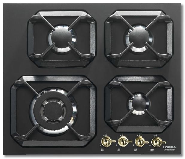 Lofra HRNM6G0 Piano Cottura a Gas Nero 60 cm con 4 Fornelli, Accensione Elettronica e Griglie in Ghisa