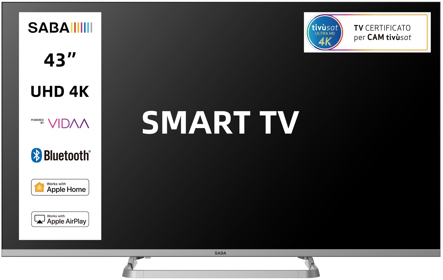SABA SA43KM10VDA TV LED 43'' UHD 4K con Sistema VIDAA, Triplo Tuner DVBT2/C/S2 e Certificazione TivuSAT
