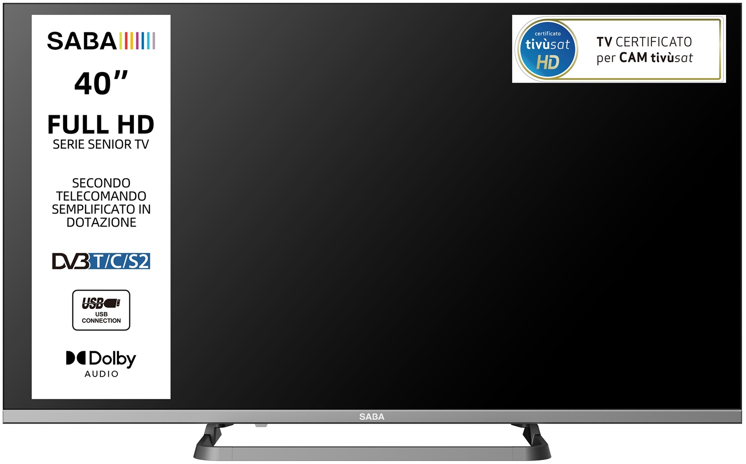 SABA TV LED 40'' Full HD - Retroilluminazione LED, Telecomando Semplificato, Certificato TivuSAT