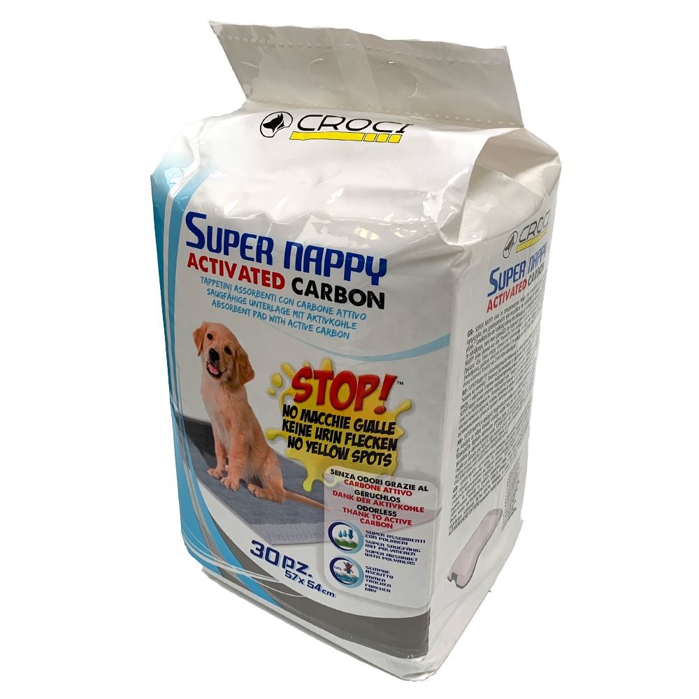 Croci Super Nappy - Tappetini Igienici Ultra Assorbenti per Cani 57x54 cm, 30 pezzi, Antistrappo e Antiodore con Carbone Attivo