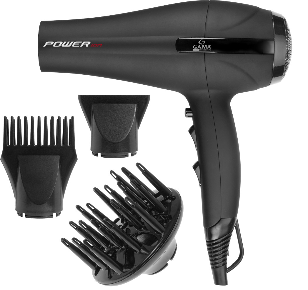 GA.MA Asciugacapelli Power Ion 2200 W Nero - Funzione Ionica, 6 Temperature, 2 Velocità, Getto d'Aria Fredda, Accessori Inclusi