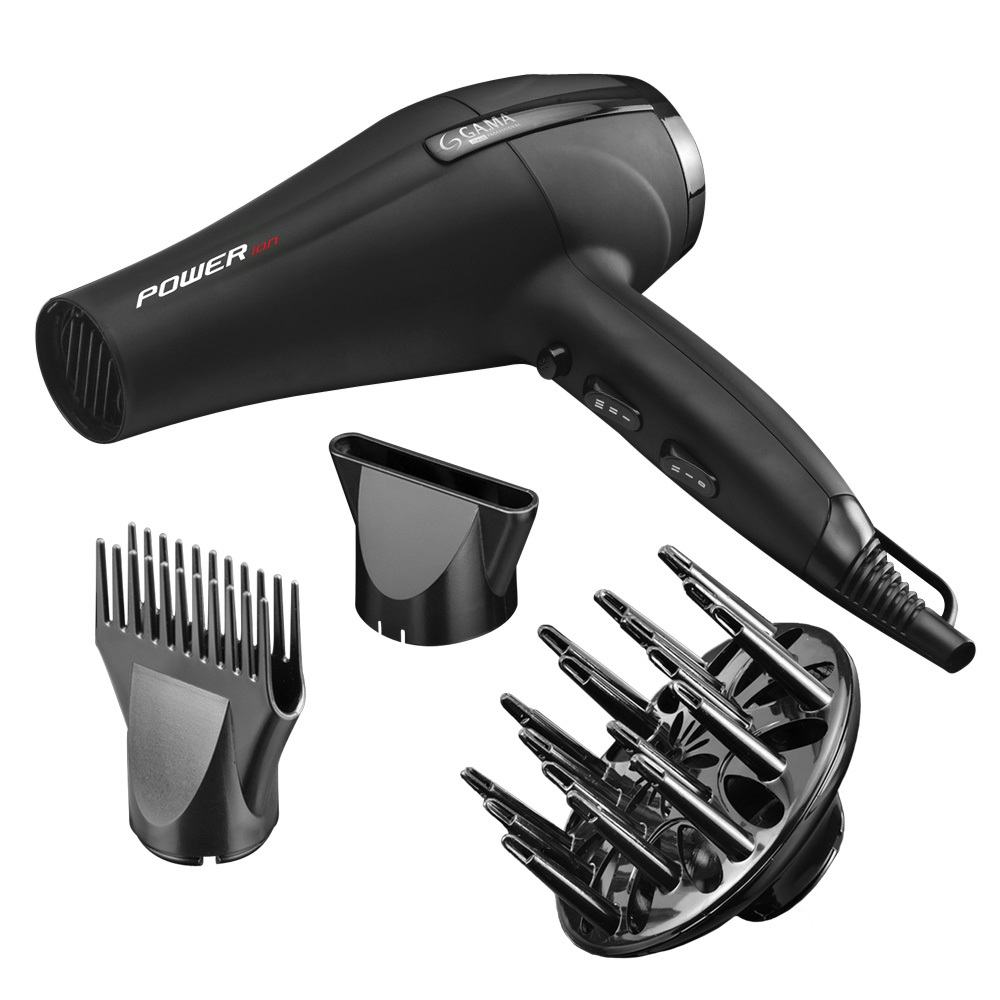 GA.MA Asciugacapelli Power Ion 2200 W Nero - Funzione Ionica, 6 Temperature, 2 Velocità, Getto d'Aria Fredda, Accessori Inclusi