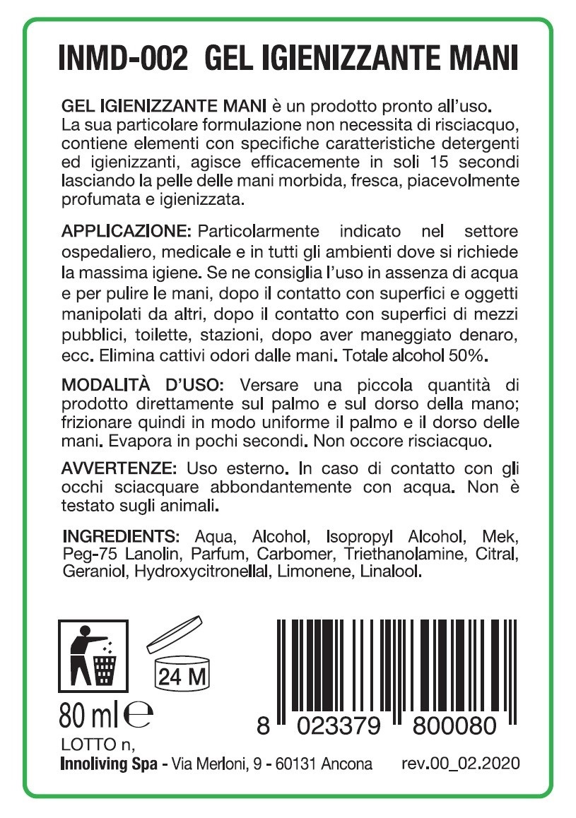 Innoliving Gel Igienizzante per Mani 80 ml - Pronto all'uso, Senza Risciacquo, Azione Igienizzante in 15 Secondi