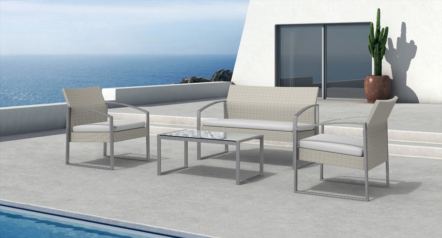 Garden Friend Salotto Alicante - Set 4 Elementi Bianco e Grigio con 2 Poltrone, 1 Divano e Tavolo Rettangolare in Vetro Temperato