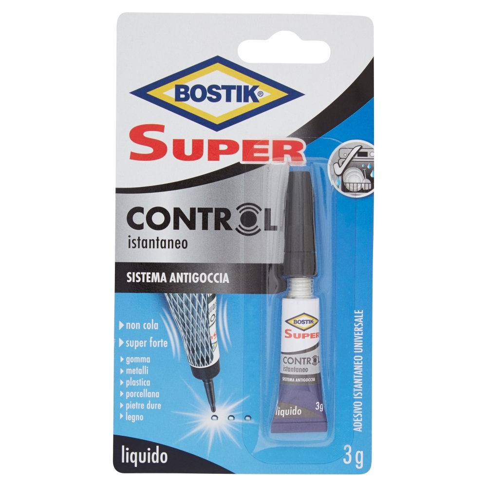 Bostik Adesivo Cianoacrilato Super Control - 3 gr - Trasparente - Ultra Rapido e Super Forte con Sistema Antigoccia
