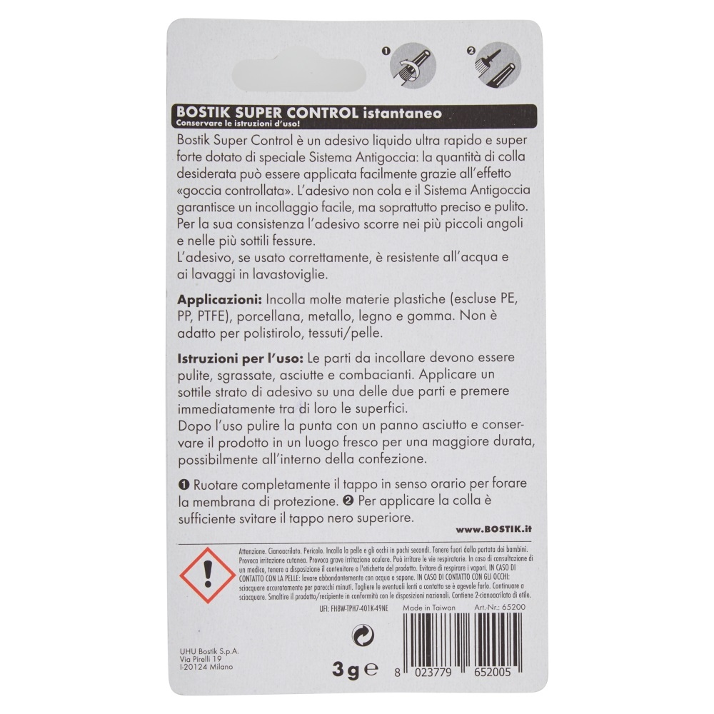 Bostik Adesivo Cianoacrilato Super Control - 3 gr - Trasparente - Ultra Rapido e Super Forte con Sistema Antigoccia